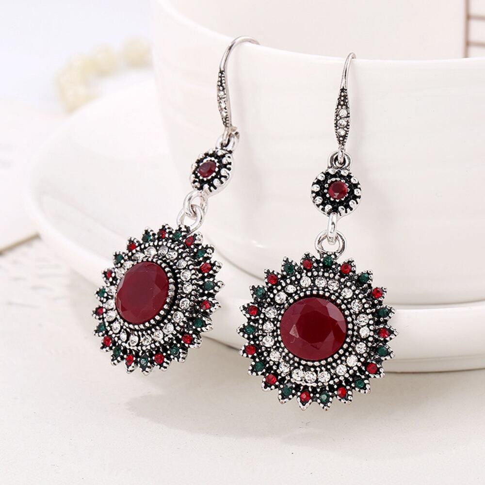 NEW Elegant Red Boho Earrings Rhinestone Dangle Medallions Ethnic Zircon